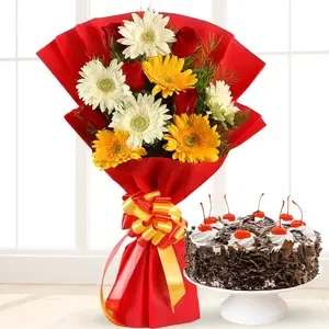 Mixed Blooms Basket & Cake Indulgence