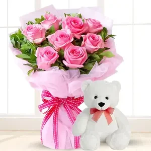 Bouquet Of Pink Roses & Teddy