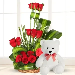 Red Roses in a Basket & Teddy