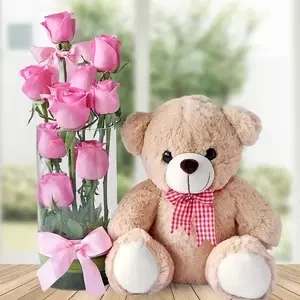 Pink Roses in a Vase & Teddy