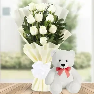 Bouquet Of White Roses & Teddy