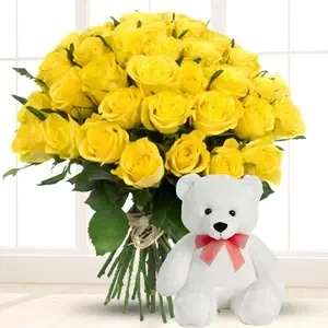 Yellow Roses Bouquet & Teddy