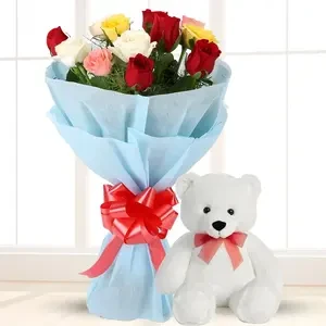 Bouquet Of Mixed Roses & Teddy