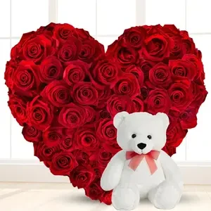 Heart Shaped Arrangement Of Red Roses & Teddy