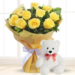 Bouquet Of Yellow Roses & Teddy