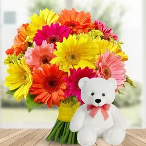 Bouquet Of Mixed Gerberas & Teddy